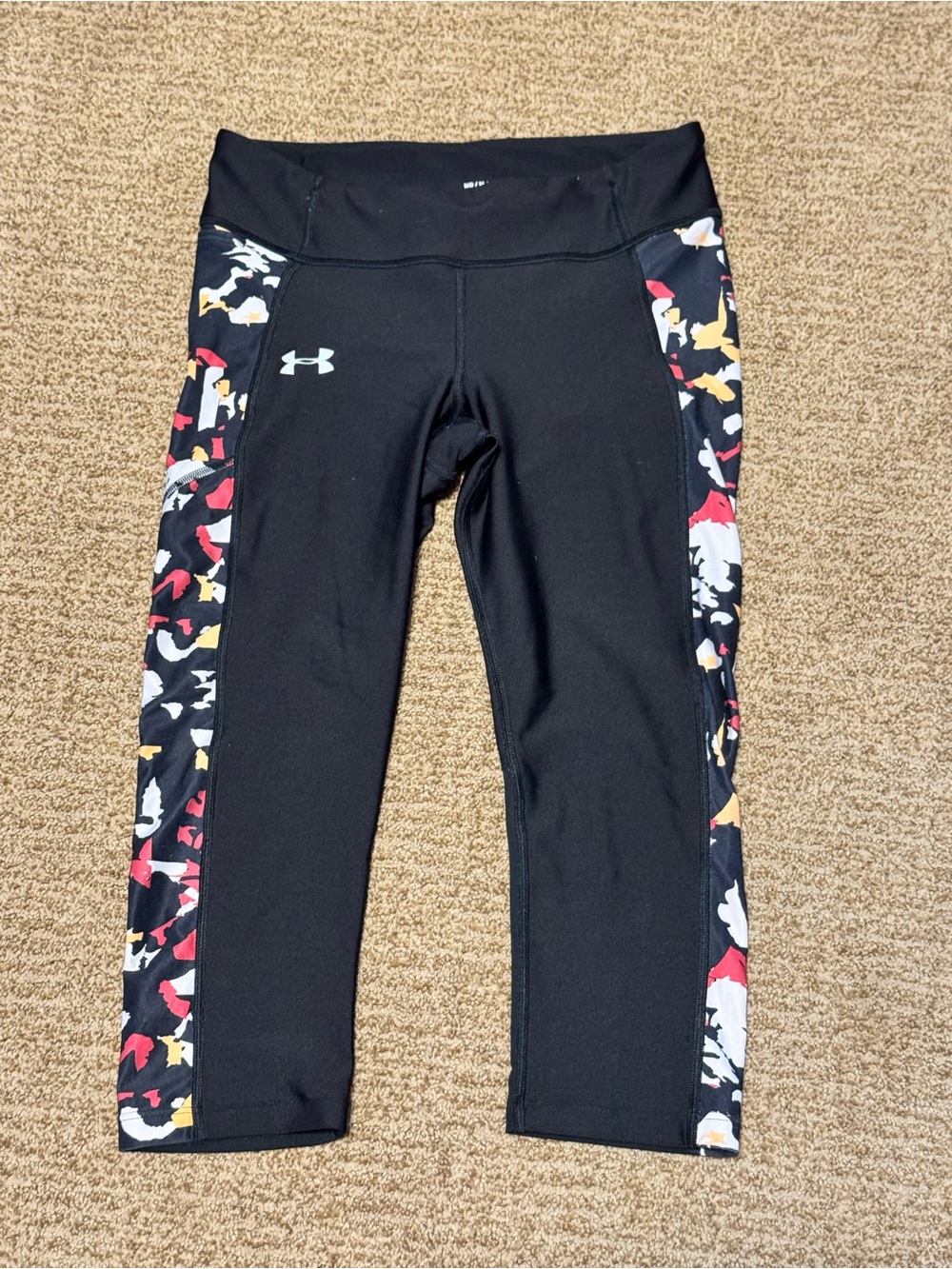 Under Armour Black Capri Leggings with Red, Yellow & White Floral Side Panels